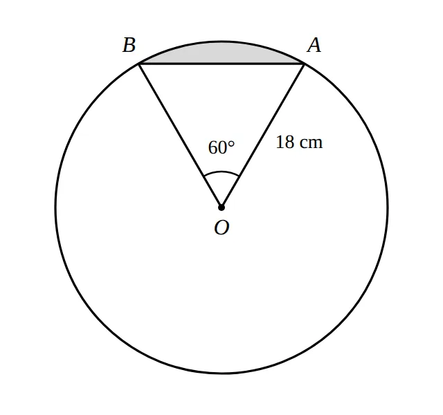 Circle centre O with chord AB, angle AOB 60 degrees, segment shaded