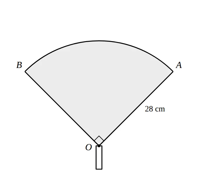 Sector OAB with right angle at O and radius 28 cm, on a handle