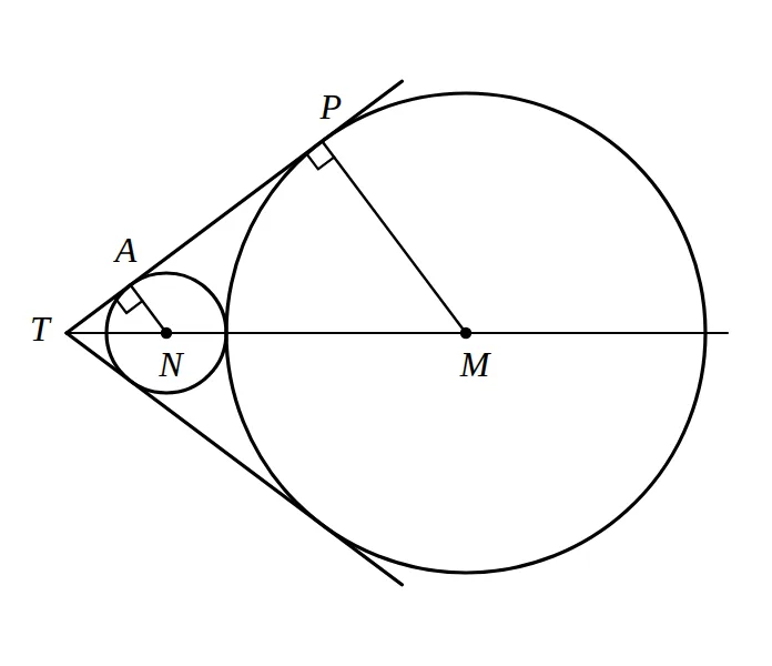 Two circles with centres N and M on line TM, common tangent TP