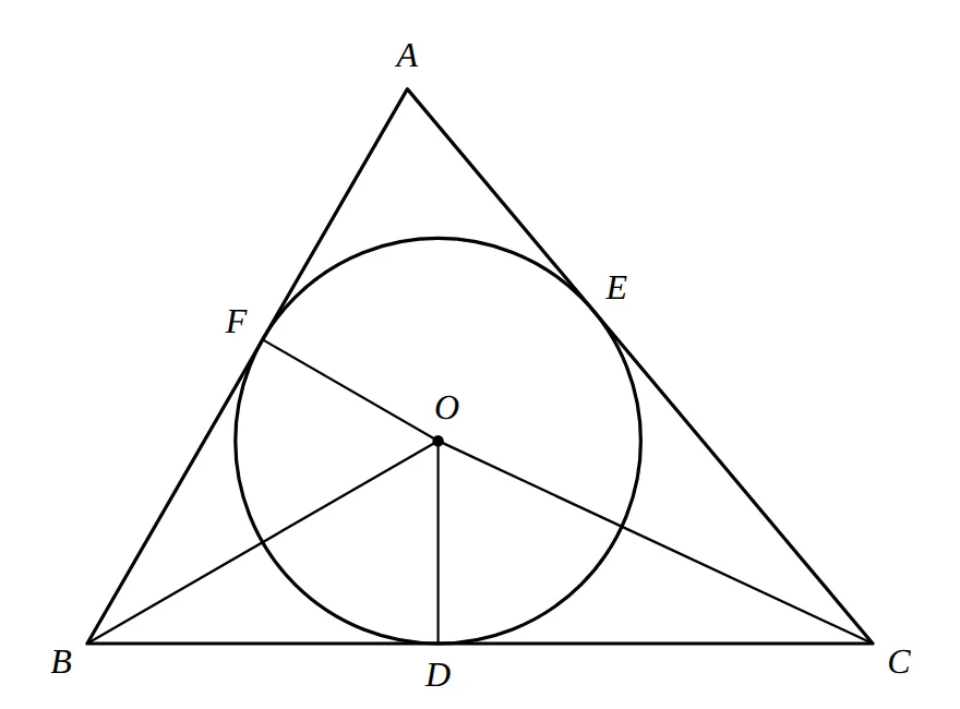 Triangle ABC with inscribed circle centre O, touching sides at D, E, F