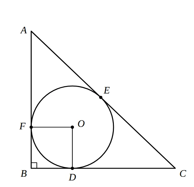 Right triangle ABC with a circle centre O touching sides at D, E, F