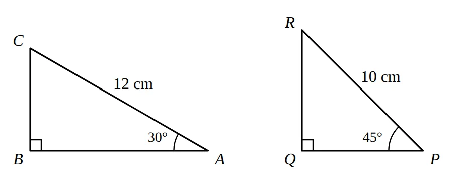 Two set squares: ABC with 30 degree angle, PQR with 45 degree angle