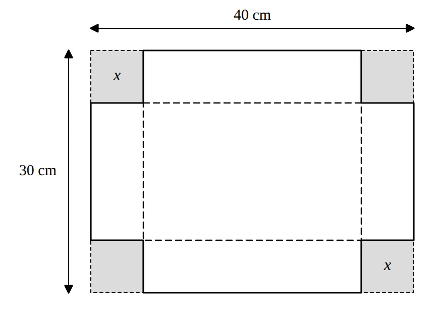 Rectangular sheet 40 cm by 30 cm with corner squares of side x