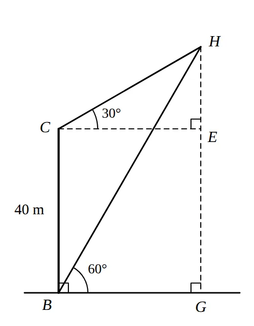 Tower BC, helicopter H above G, horizontal CE