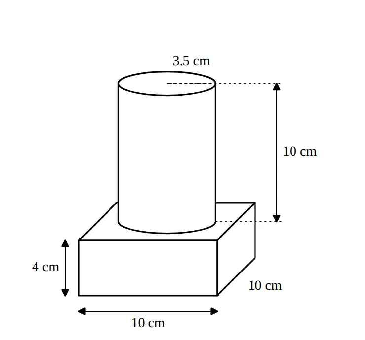 Cylinder standing on a cuboidal base, with dimensions marked