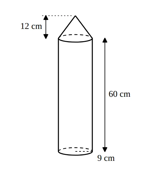 Cone on top of a cylinder, with heights and radius marked