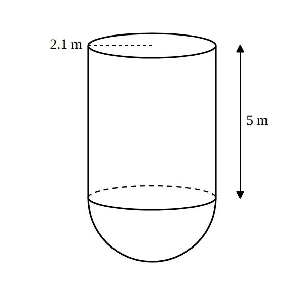 Cylinder of radius 2.1 m and height 5 m with a hemispherical bottom