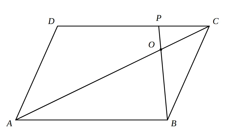 Parallelogram ABCD with P on DC and BP meeting AC at O