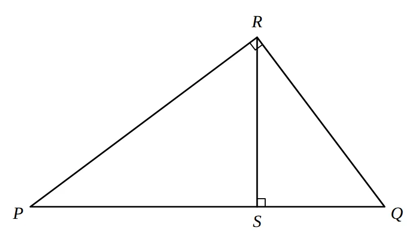 Right triangle PQR with perpendicular RS to PQ