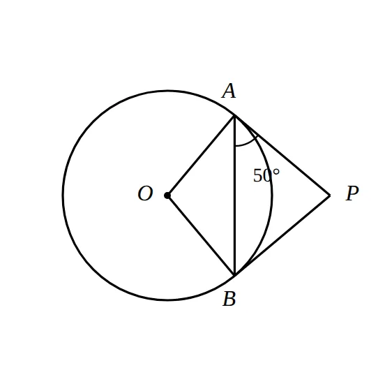 Circle with centre O, tangents PA and PB, chord AB, angle PAB 50 degrees