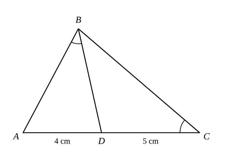 Triangle ABC with point D on AC; angles ABD and ACB marked equal