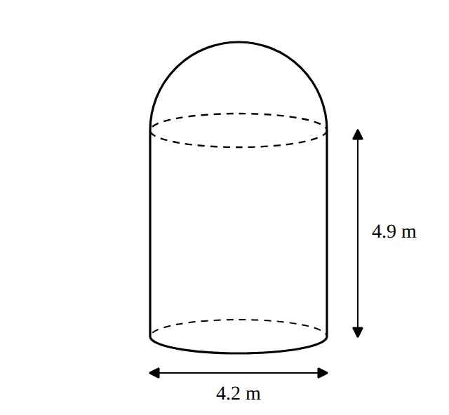 Cylinder of diameter 4.2 m and height 4.9 m with a hemispherical dome