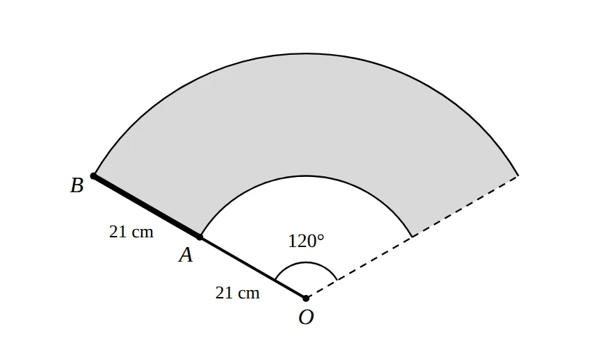 Wiper arm OB 42 cm, blade AB, sweeping 120 degrees; region between arcs shaded