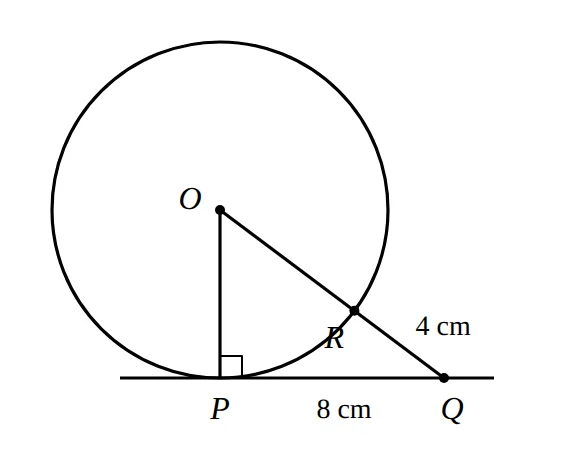 Circle with centre O, tangent PQ at P, OQ cutting the circle at R