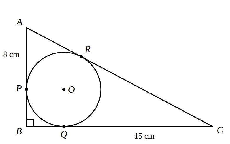 Right triangle ABC with incircle, centre O, touching sides at P, Q, R