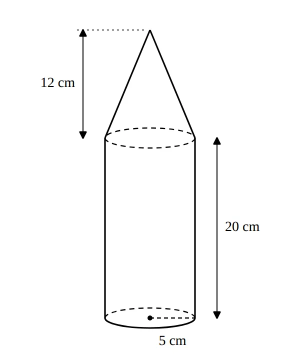 Rocket model: cylinder radius 5 cm, height 20 cm, topped by 12 cm cone