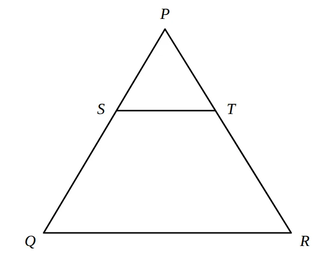 Triangle PQR with S on PQ and T on PR, segment ST drawn