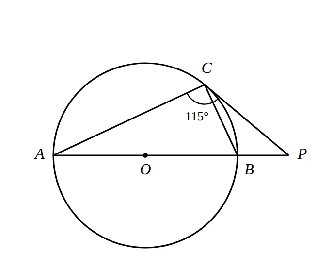 Circle, diameter AB; tangent at C meets AB produced at P