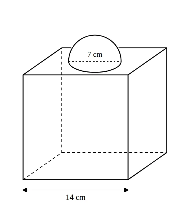 Cube of edge 14 cm with a 7 cm diameter hemisphere on top
