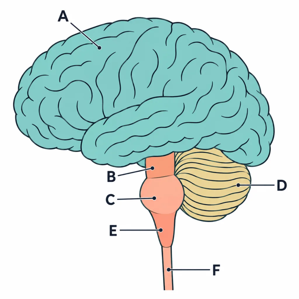 Side view of the human brain marked A to F