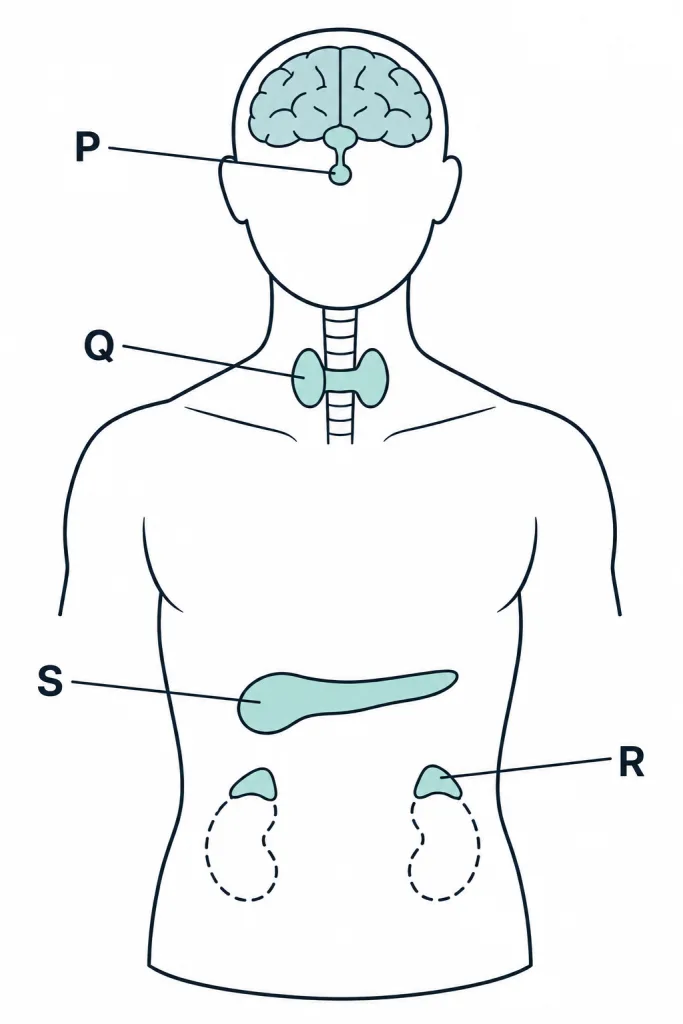 Outline of human body with four glands marked P, Q, R, S
