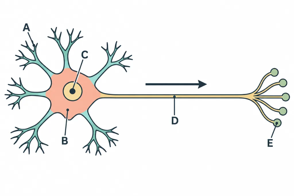 Neuron with parts marked A to E and an arrow