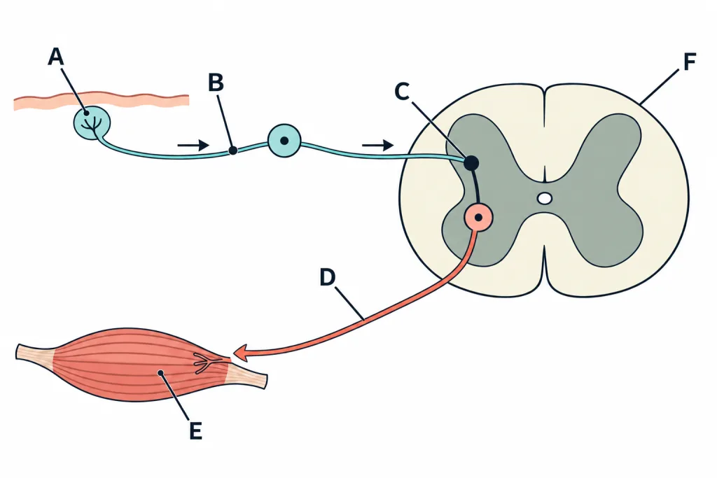 Reflex arc with skin, spinal cord section and muscle, marked A to F