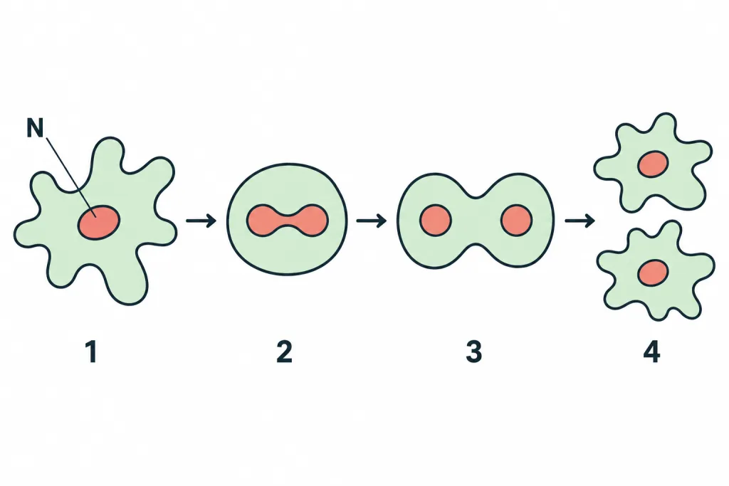 Four stages of Amoeba dividing, numbered 1 to 4