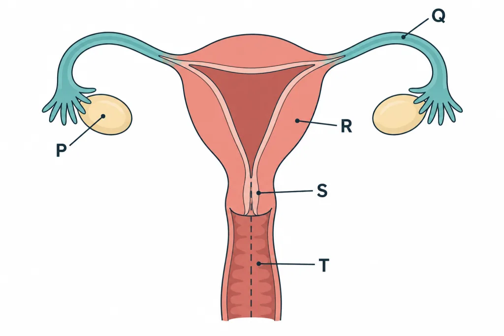 Female reproductive system with parts marked P to T