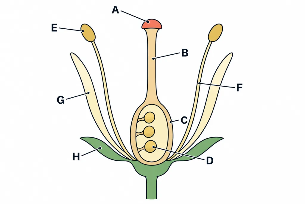 Section of a flower with parts marked A to H