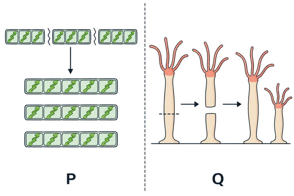 Two ways of forming new organisms, marked P and Q