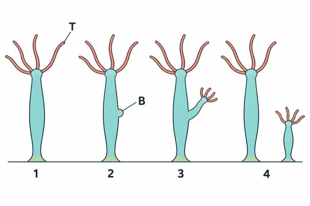 Four stages of budding in Hydra, with bud and tentacles marked