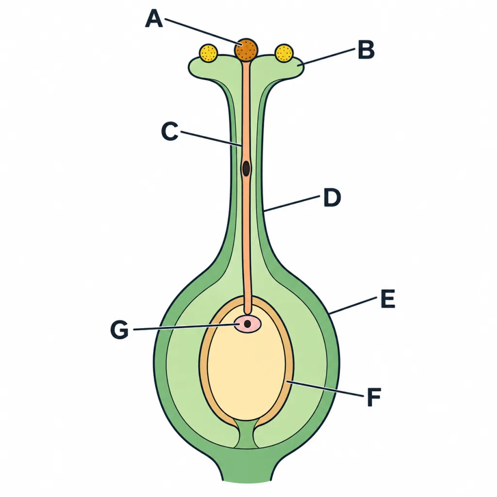 Pistil with a pollen tube growing down to an ovule, marked A to G