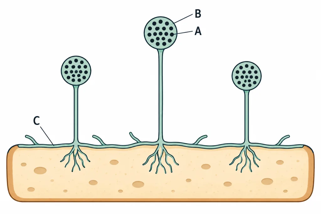 Mould on food with upright stalks and round heads, marked A, B, C