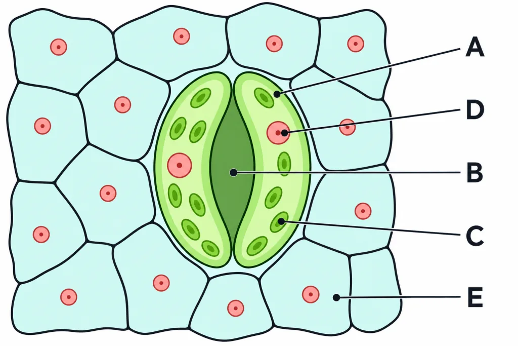 Open stomatal pore with letters A to E