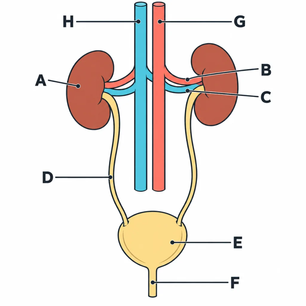 Human excretory system with letters A to H