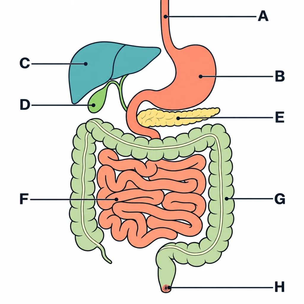 Human alimentary canal with letters A to H