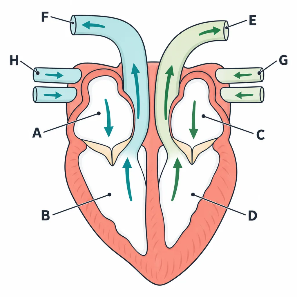 Section of the human heart with arrows and letters A to H