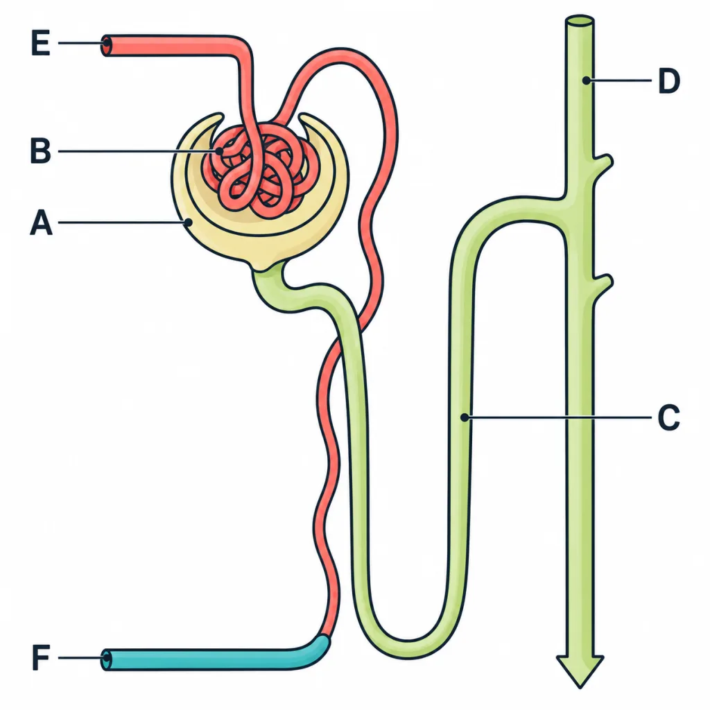 Nephron with its blood vessels, letters A to F