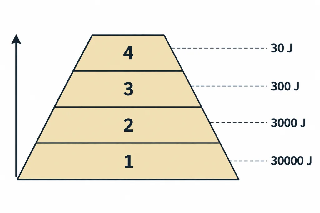 Four trophic levels numbered 1 to 4 with energy at each