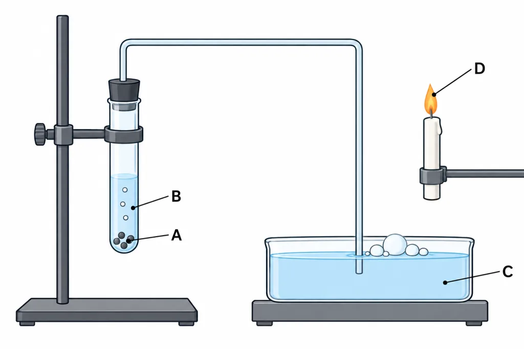 Test tube with granules A in liquid B, gas led into C, candle D