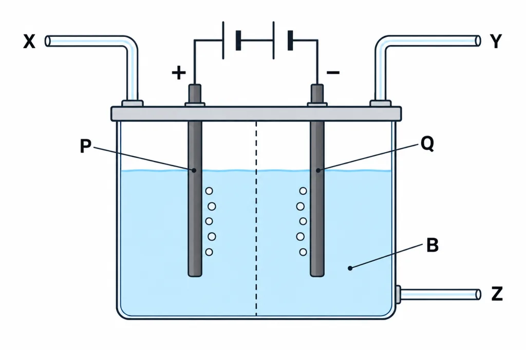 Cell with electrodes P and Q in liquid B; outlets X, Y, Z