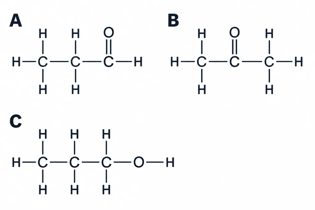 Structural formulae of three compounds marked A, B and C