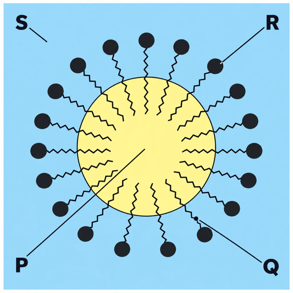 A drop of oil surrounded by soap molecules in water, parts P to S