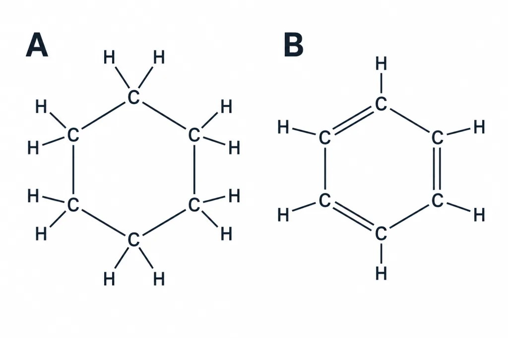 Two six-carbon rings with all hydrogen atoms, marked A and B