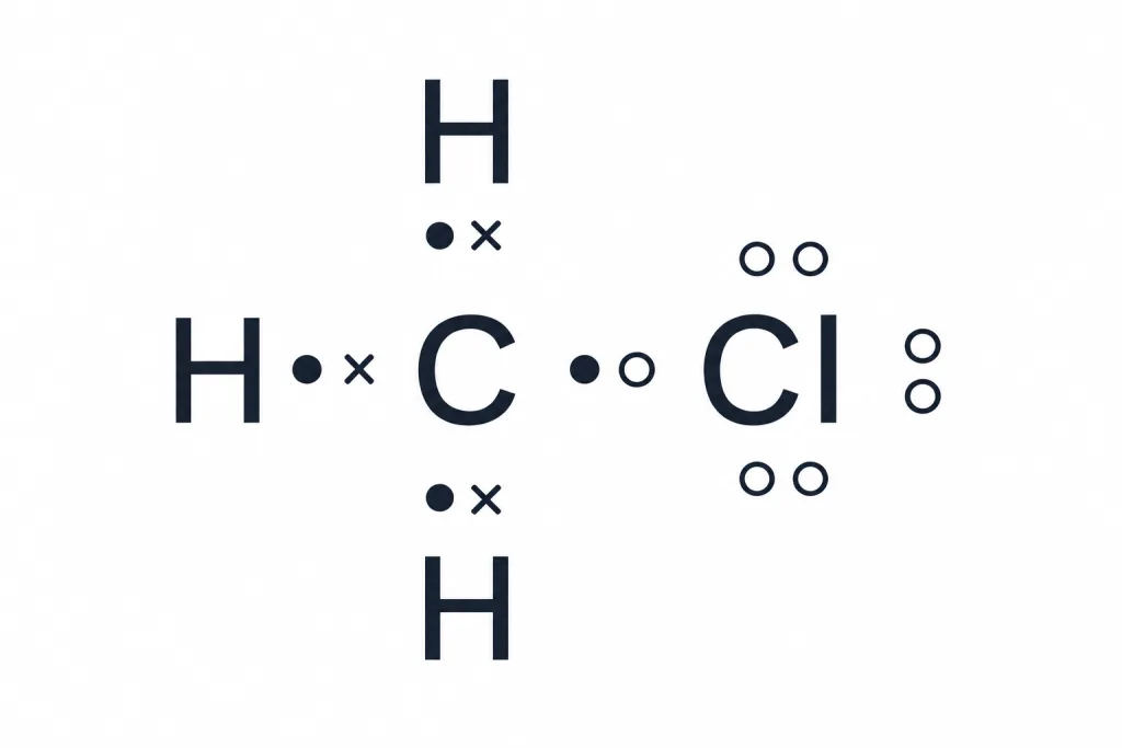 Electron-dot structure of a molecule with C, three H and one Cl
