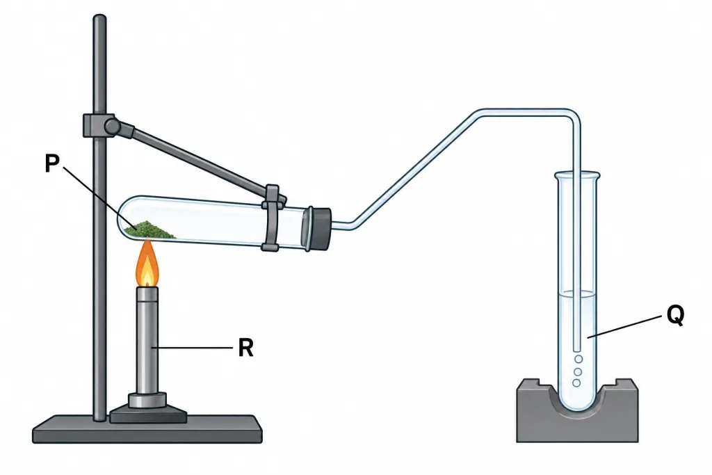 A solid P heated by burner R; gas bubbled into liquid Q