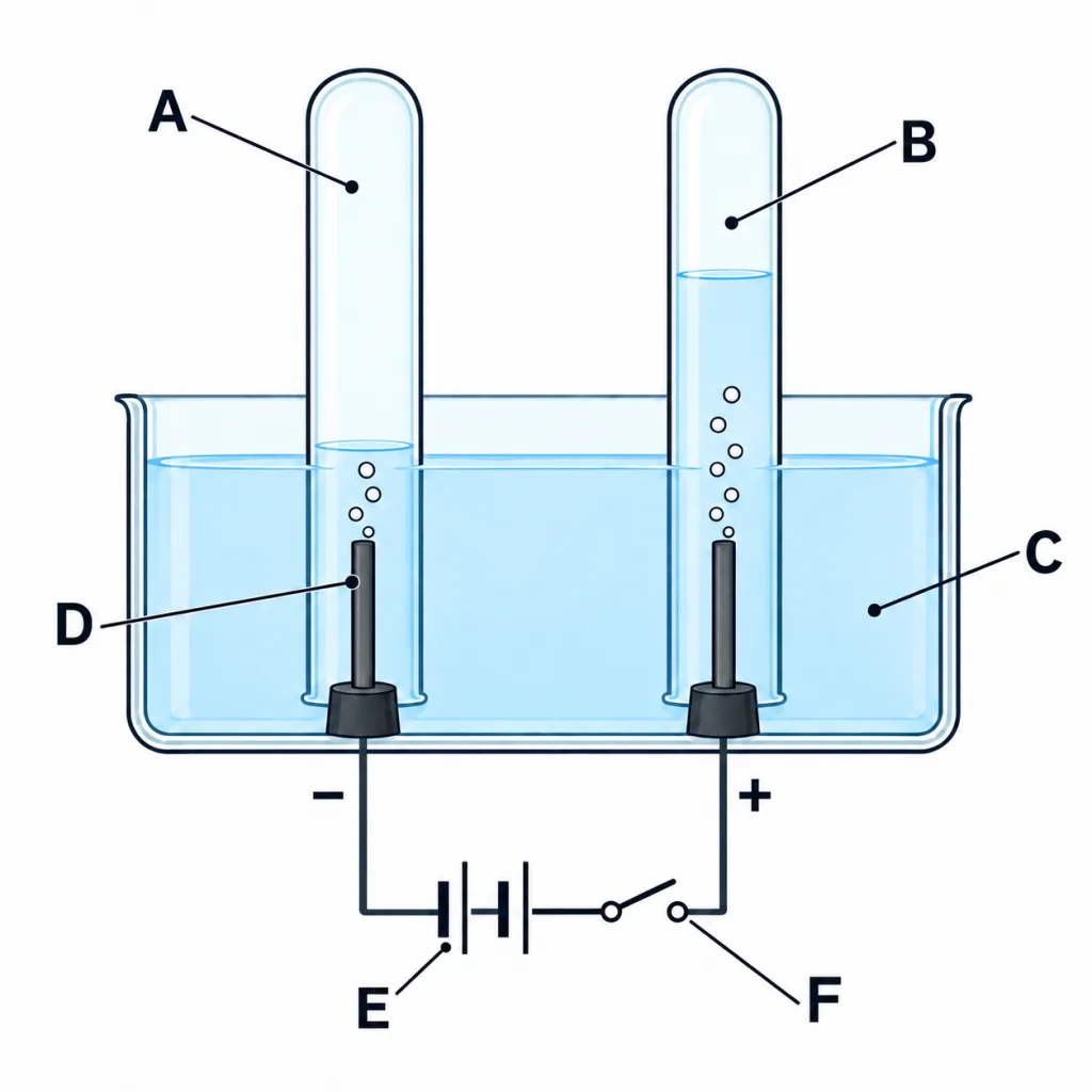 Electrolysis of water set-up with letters A to F