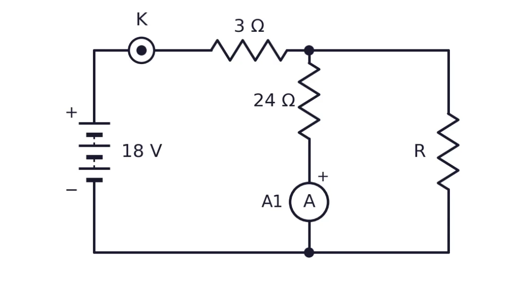 Circuit with an 18 V battery, key, ammeter A1 and three resistors