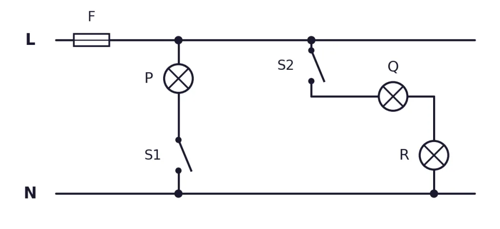 Three lamps with switches and a fuse between lines L and N